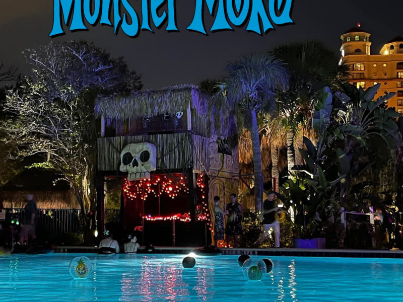 Night Monster Moku pool party with skull-topped tiki hut