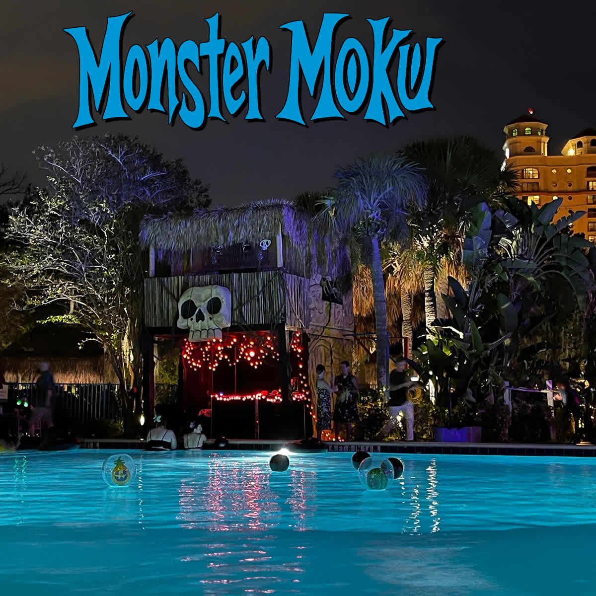 Night Monster Moku pool party with skull-topped tiki hut