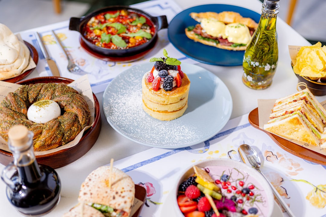 A colorful weekend brunch spread with pancakes and pastries