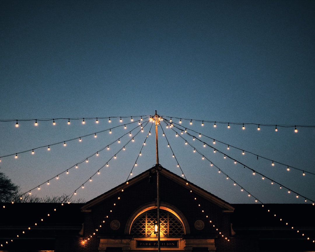 String lights strung over a hidden patio bar
